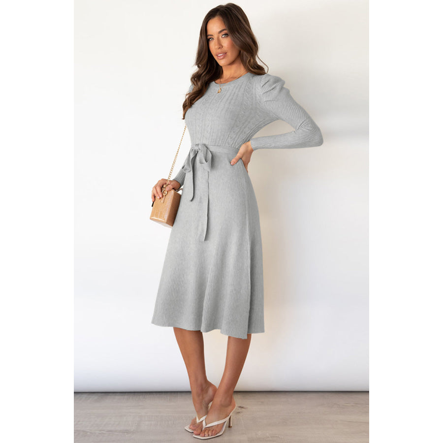 Round Neck Long Sleeve Tie Waist Sweater Dress Apparel and Accessories