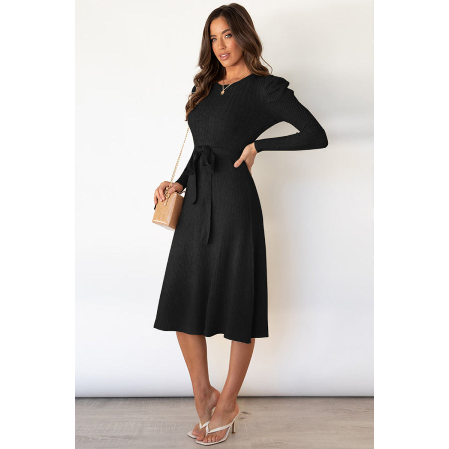 Round Neck Long Sleeve Tie Waist Sweater Dress Apparel and Accessories