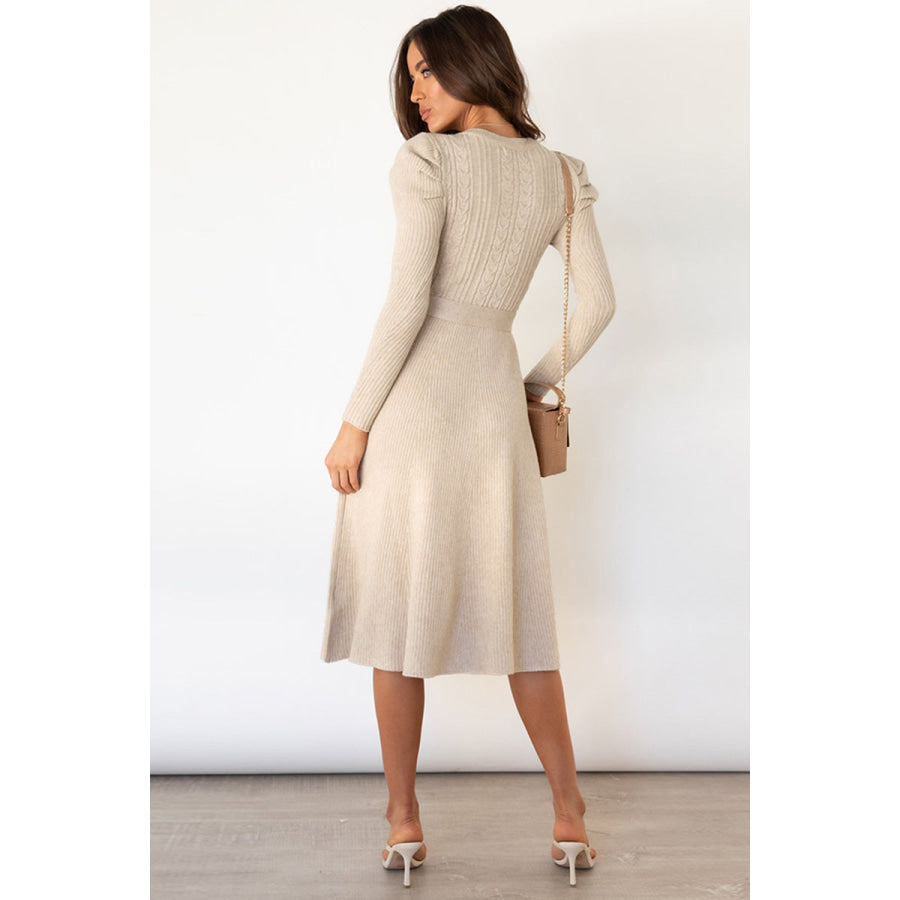 Round Neck Long Sleeve Tie Waist Sweater Dress Apparel and Accessories