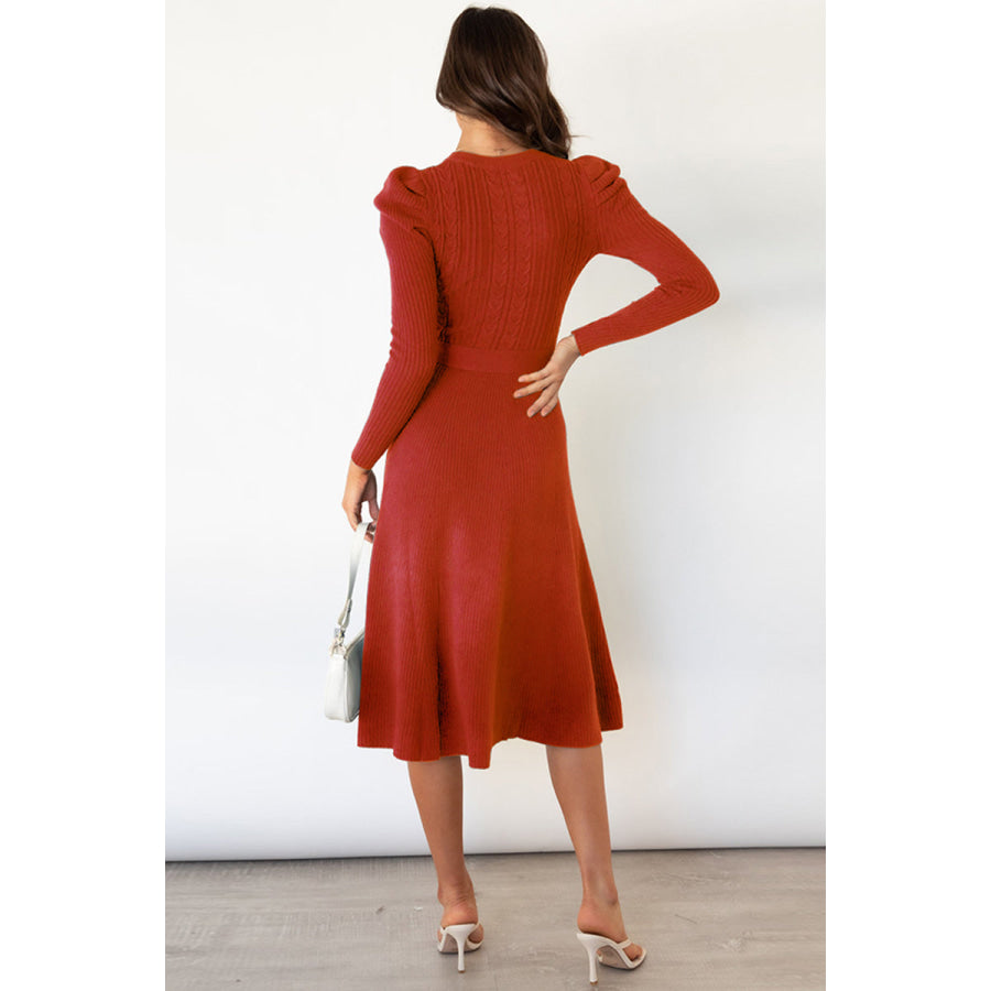 Round Neck Long Sleeve Tie Waist Sweater Dress Apparel and Accessories