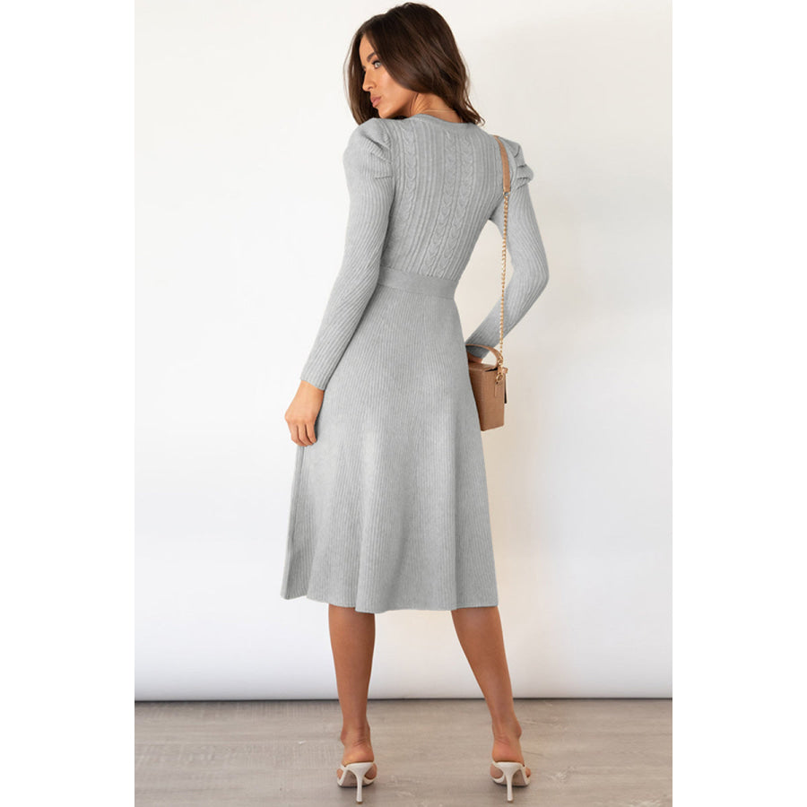 Round Neck Long Sleeve Tie Waist Sweater Dress Apparel and Accessories