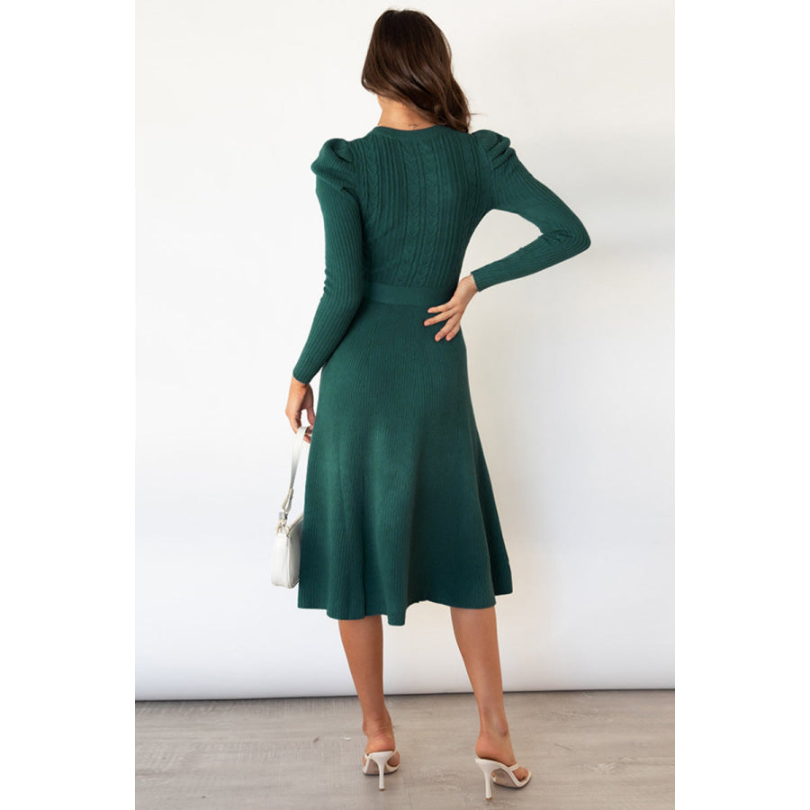 Round Neck Long Sleeve Tie Waist Sweater Dress Apparel and Accessories