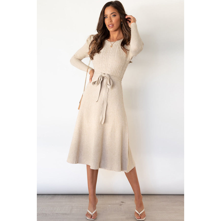 Round Neck Long Sleeve Tie Waist Sweater Dress Beige / S Apparel and Accessories