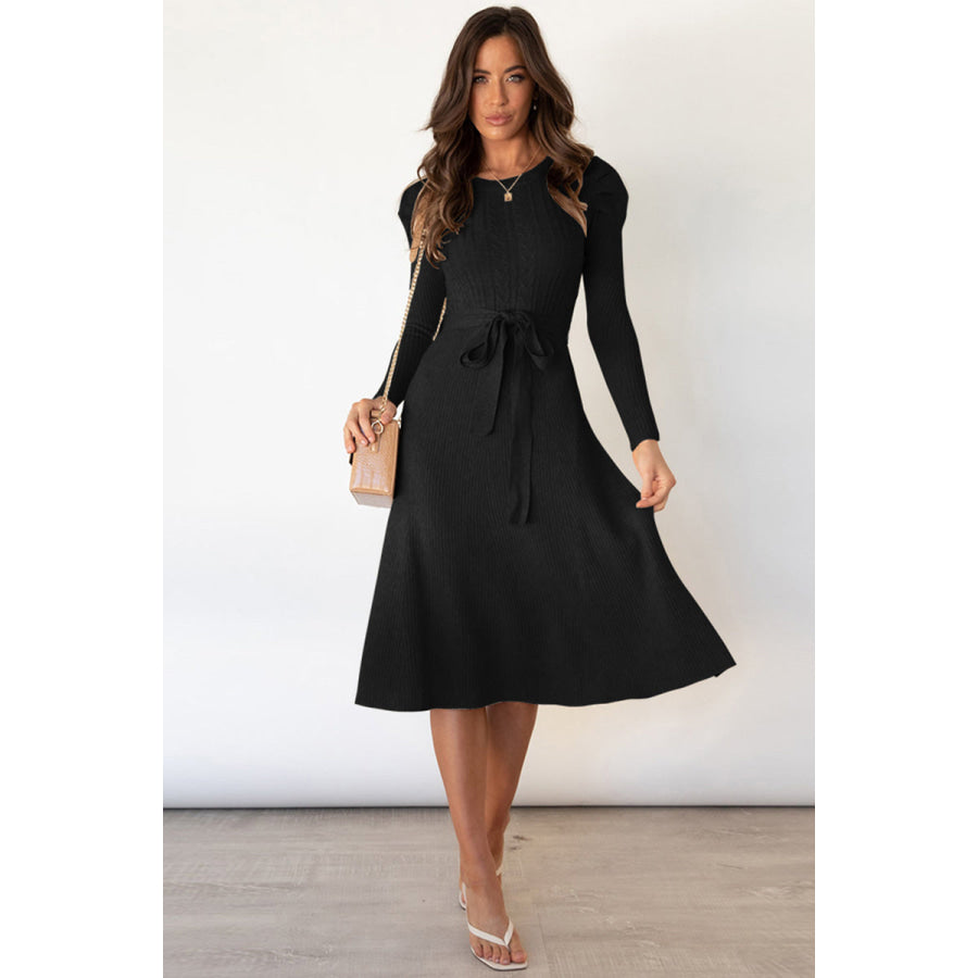 Round Neck Long Sleeve Tie Waist Sweater Dress Black / S Apparel and Accessories