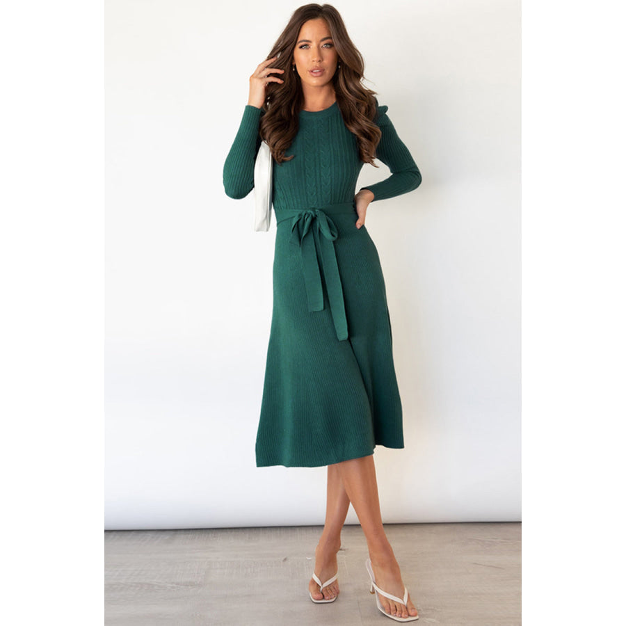 Round Neck Long Sleeve Tie Waist Sweater Dress Deep Teal / S Apparel and Accessories