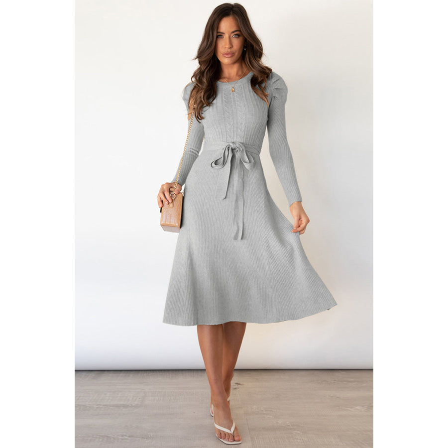 Round Neck Long Sleeve Tie Waist Sweater Dress Light Gray / S Apparel and Accessories