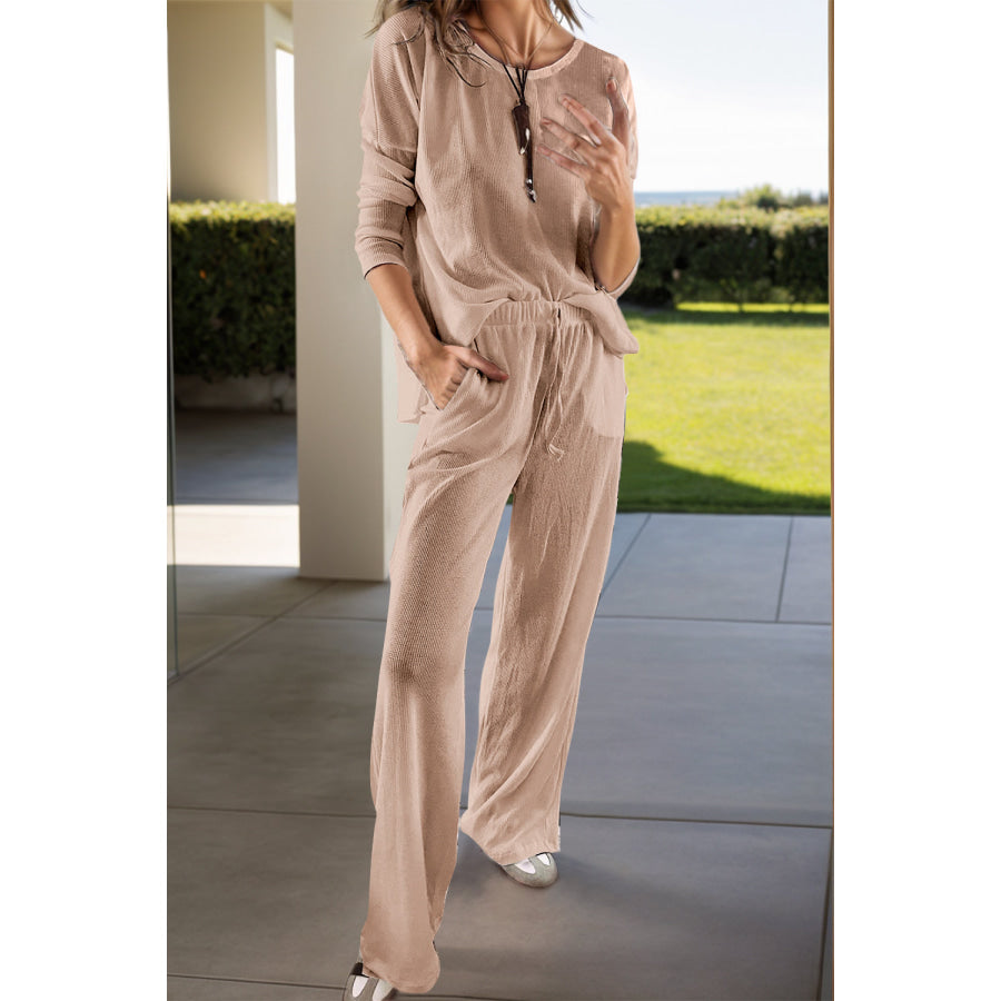 Round Neck Long Sleeve Top and Drawstring Pants Lounge Set Tan / S Apparel and Accessories