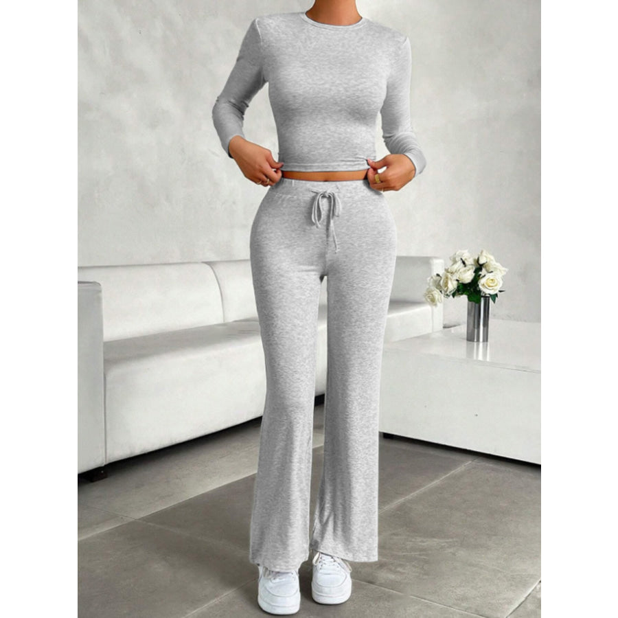 Round Neck Long Sleeve Top and Drawstring Pants Set Apparel and Accessories