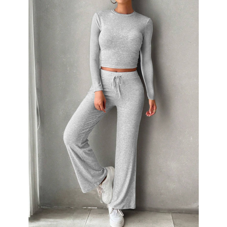 Round Neck Long Sleeve Top and Drawstring Pants Set Apparel and Accessories