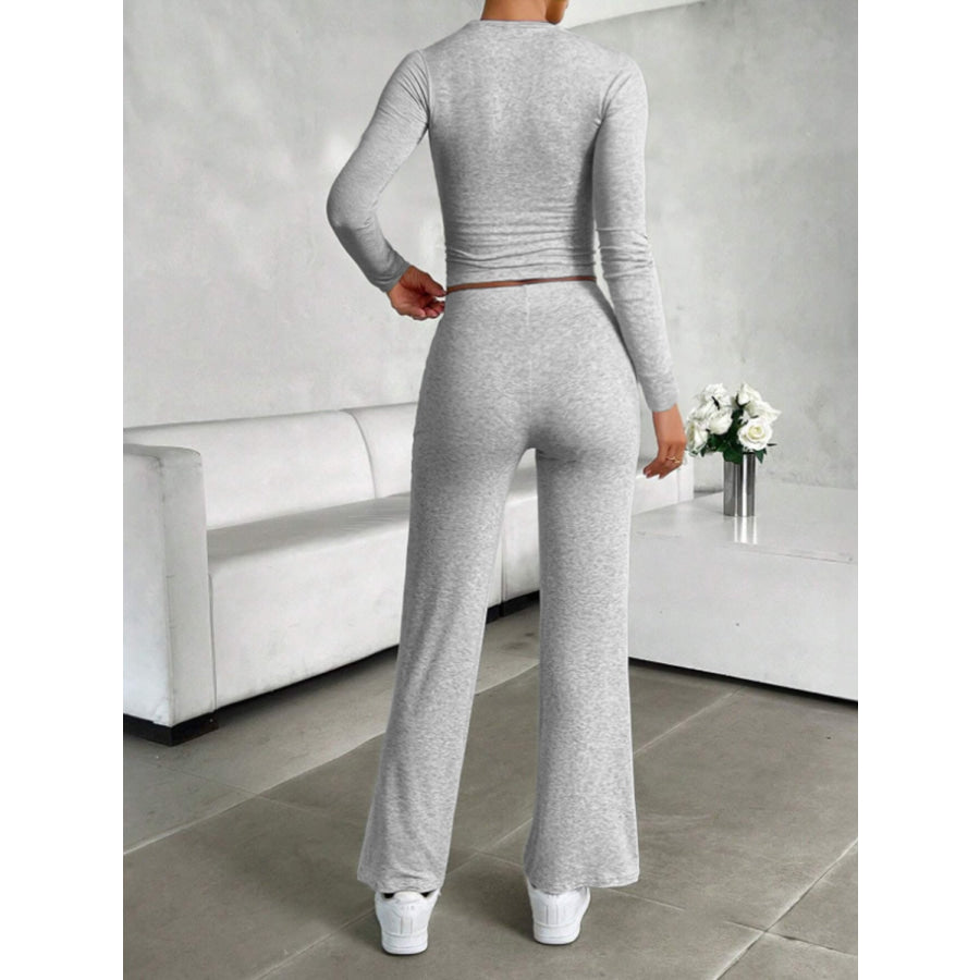 Round Neck Long Sleeve Top and Drawstring Pants Set Apparel and Accessories