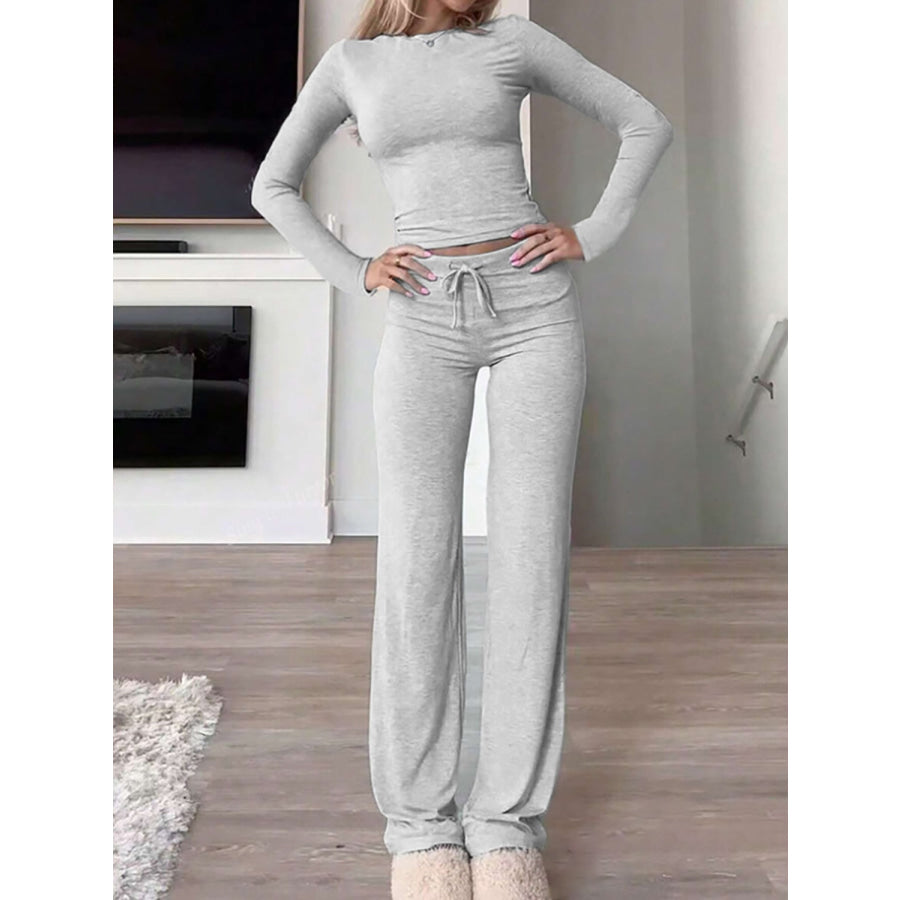 Round Neck Long Sleeve Top and Drawstring Pants Set Apparel and Accessories