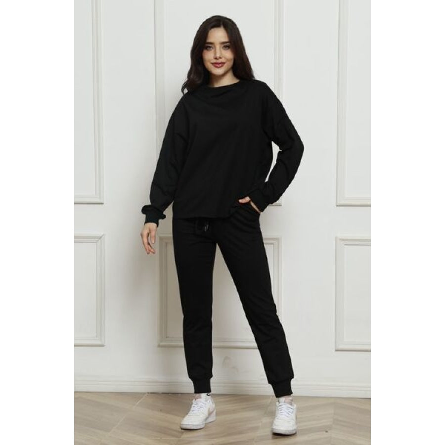 Round Neck Long Sleeve Top and Drawstring Pants Set Black / S Clothing