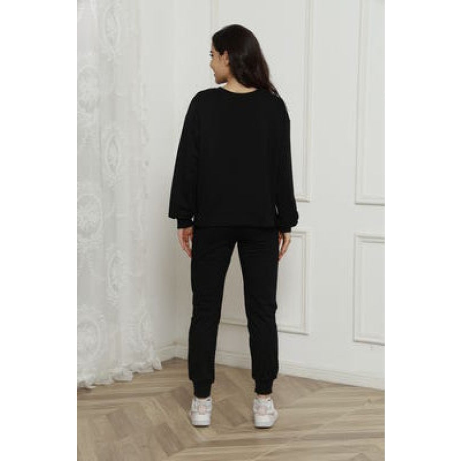 Round Neck Long Sleeve Top and Drawstring Pants Set Black / S Clothing