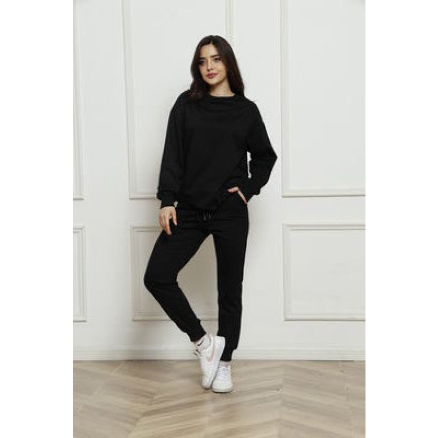 Round Neck Long Sleeve Top and Drawstring Pants Set Clothing