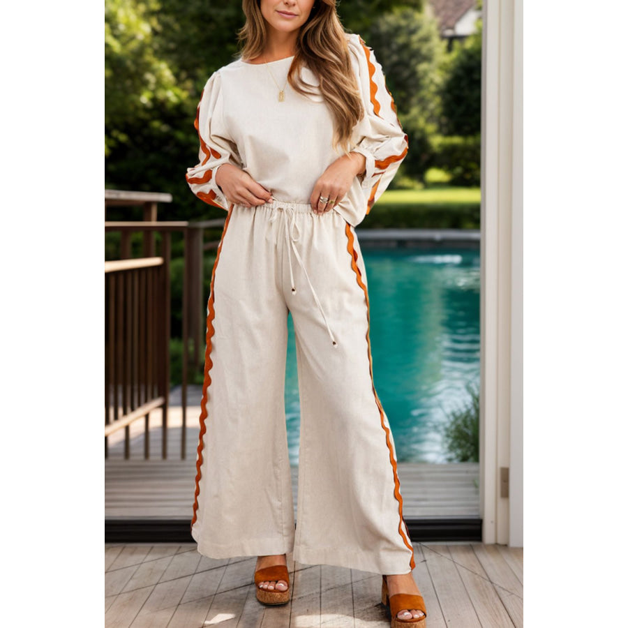 Round Neck Long Sleeve Top and Drawstring Pants Set Ivory / S Apparel and Accessories