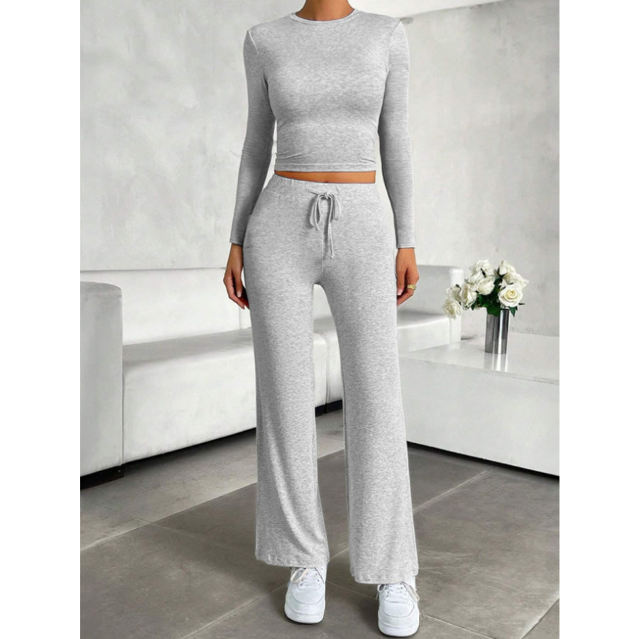 Round Neck Long Sleeve Top and Drawstring Pants Set Light Gray / S Apparel and Accessories