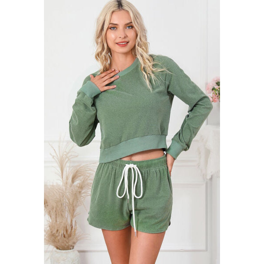 Round Neck Long Sleeve Top and Drawstring Shorts Lounge Set Clothing