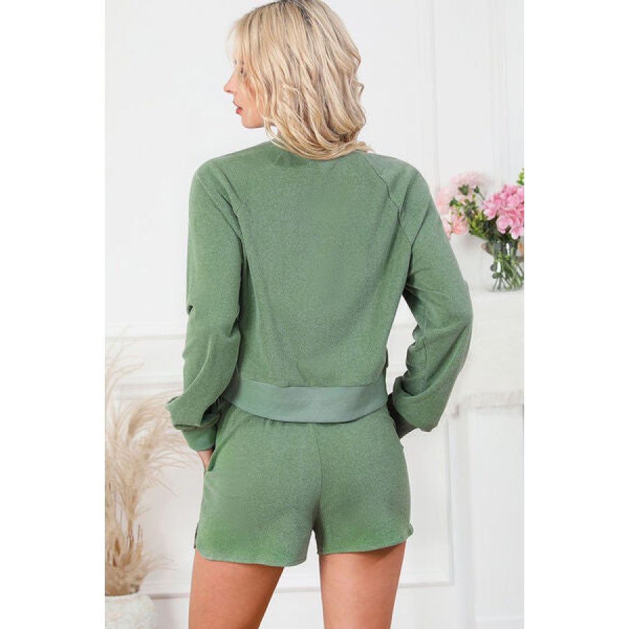 Round Neck Long Sleeve Top and Drawstring Shorts Lounge Set Clothing