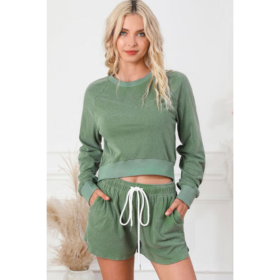 Round Neck Long Sleeve Top and Drawstring Shorts Lounge Set Gum Leaf / S Clothing