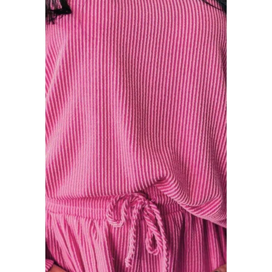 Round Neck Long Sleeve Top and Drawstring Shorts Set Fuchsia Pink / S Apparel and Accessories