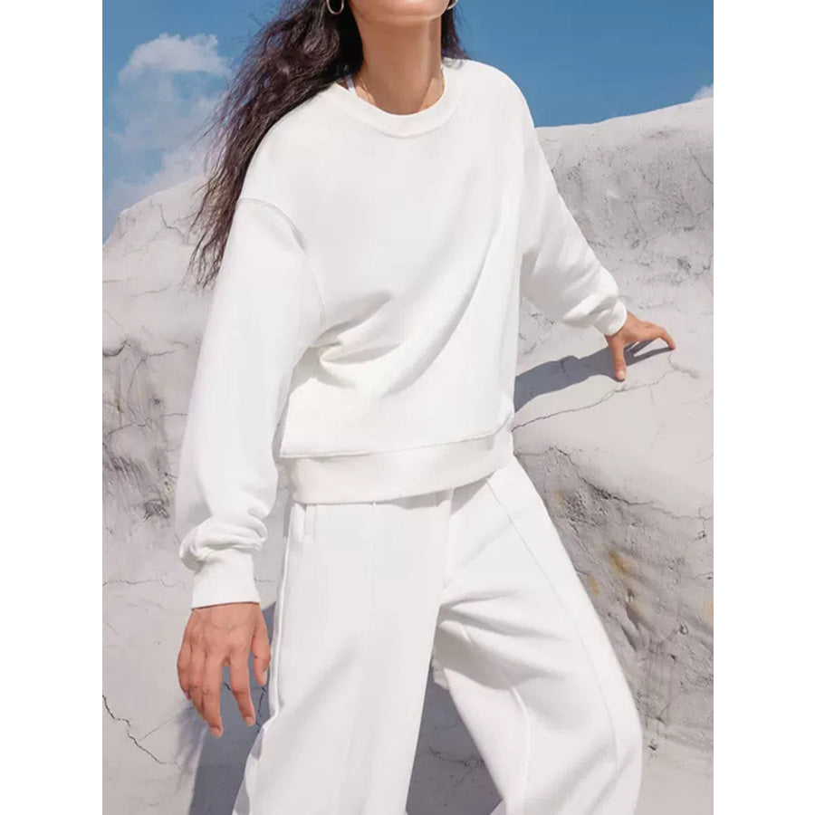 Round Neck Long Sleeve Top and Elastic Waist Pants Set Apparel and Accessories