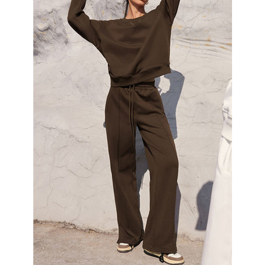 Round Neck Long Sleeve Top and Elastic Waist Pants Set Apparel and Accessories