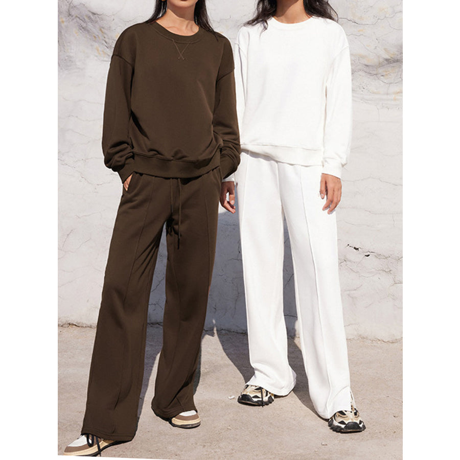 Round Neck Long Sleeve Top and Elastic Waist Pants Set Apparel and Accessories