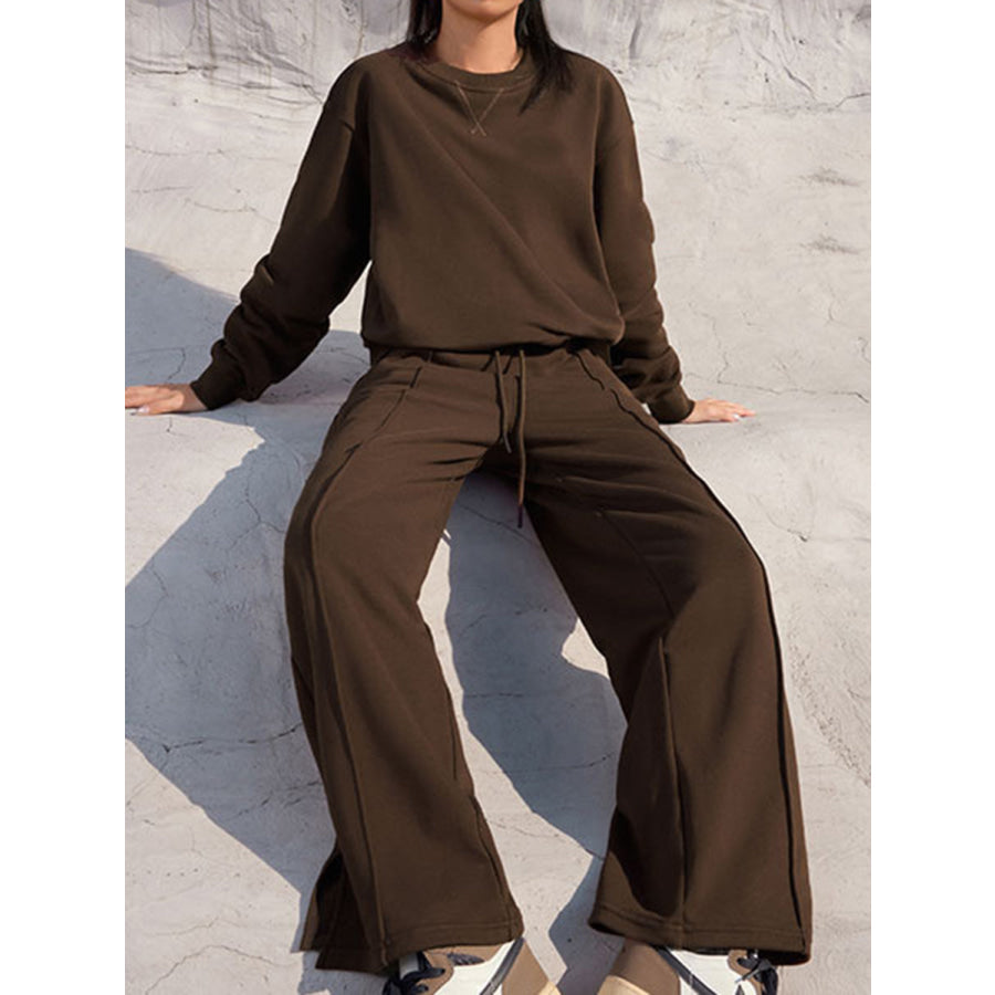 Round Neck Long Sleeve Top and Elastic Waist Pants Set Apparel and Accessories