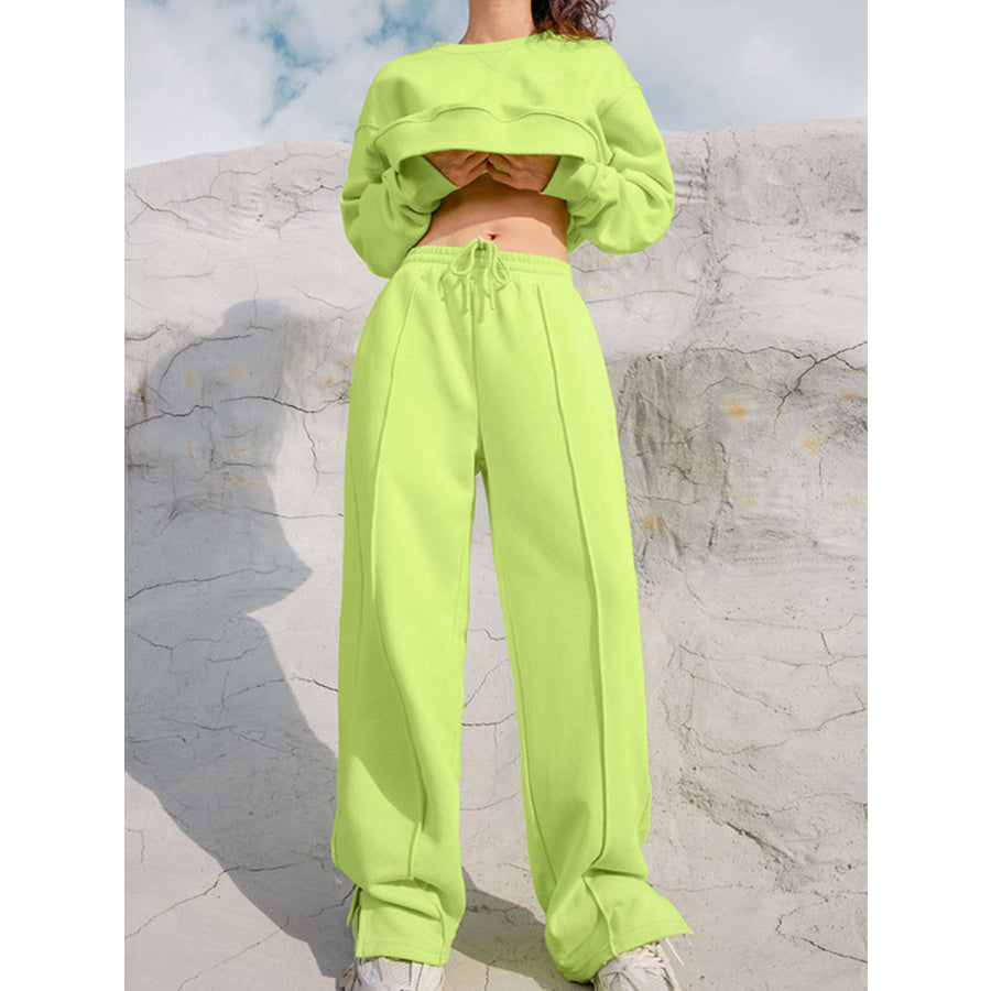 Round Neck Long Sleeve Top and Elastic Waist Pants Set Apparel and Accessories