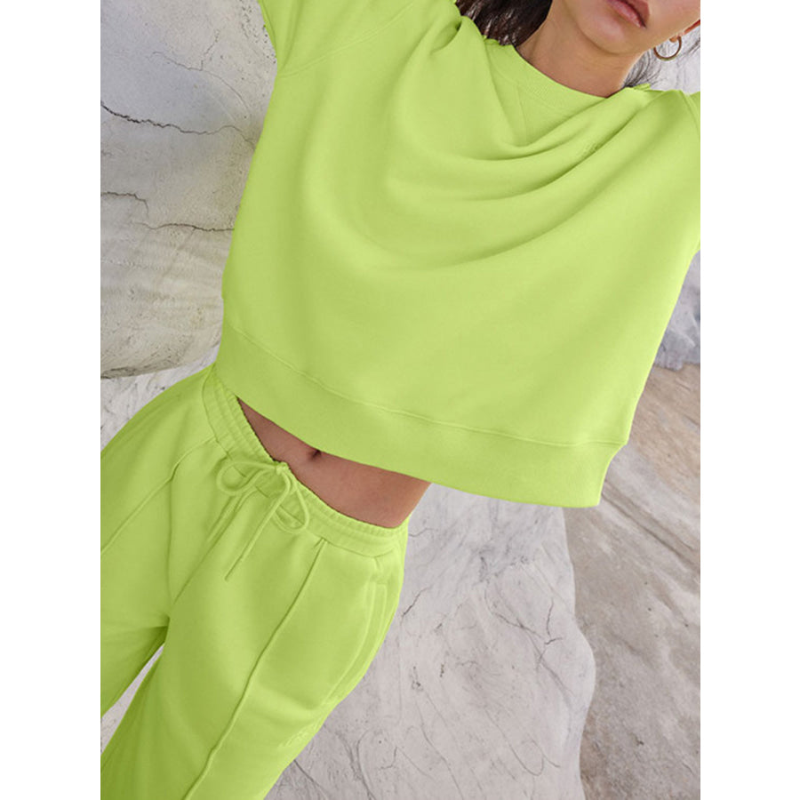 Round Neck Long Sleeve Top and Elastic Waist Pants Set Apparel and Accessories