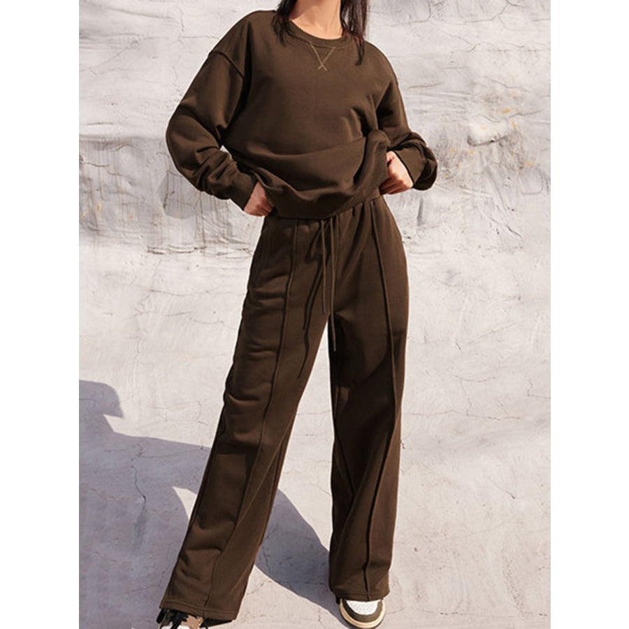 Round Neck Long Sleeve Top and Elastic Waist Pants Set Brown / S Apparel and Accessories