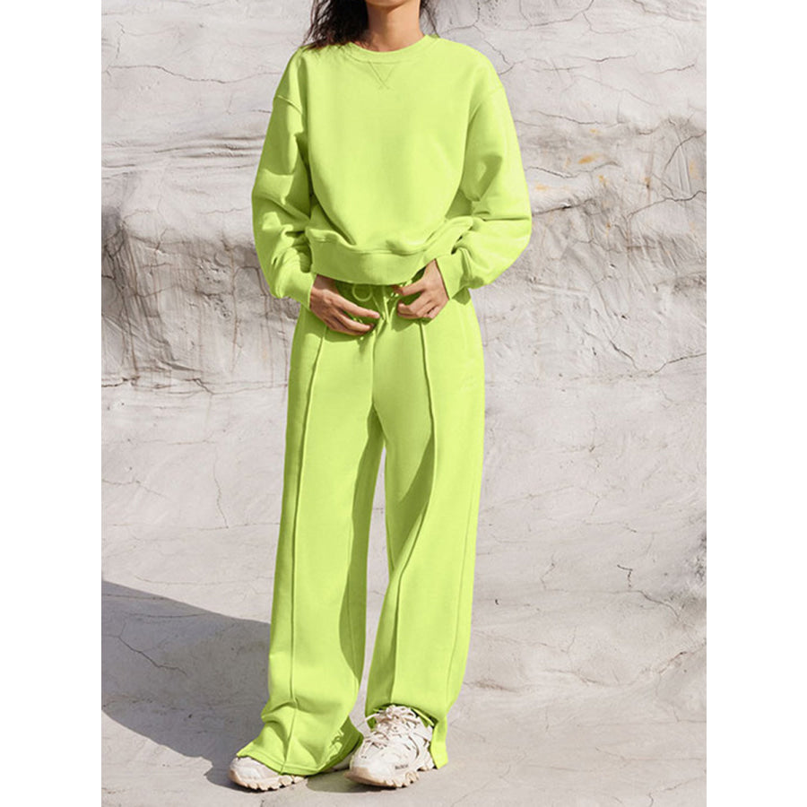 Round Neck Long Sleeve Top and Elastic Waist Pants Set Lime / S Apparel and Accessories