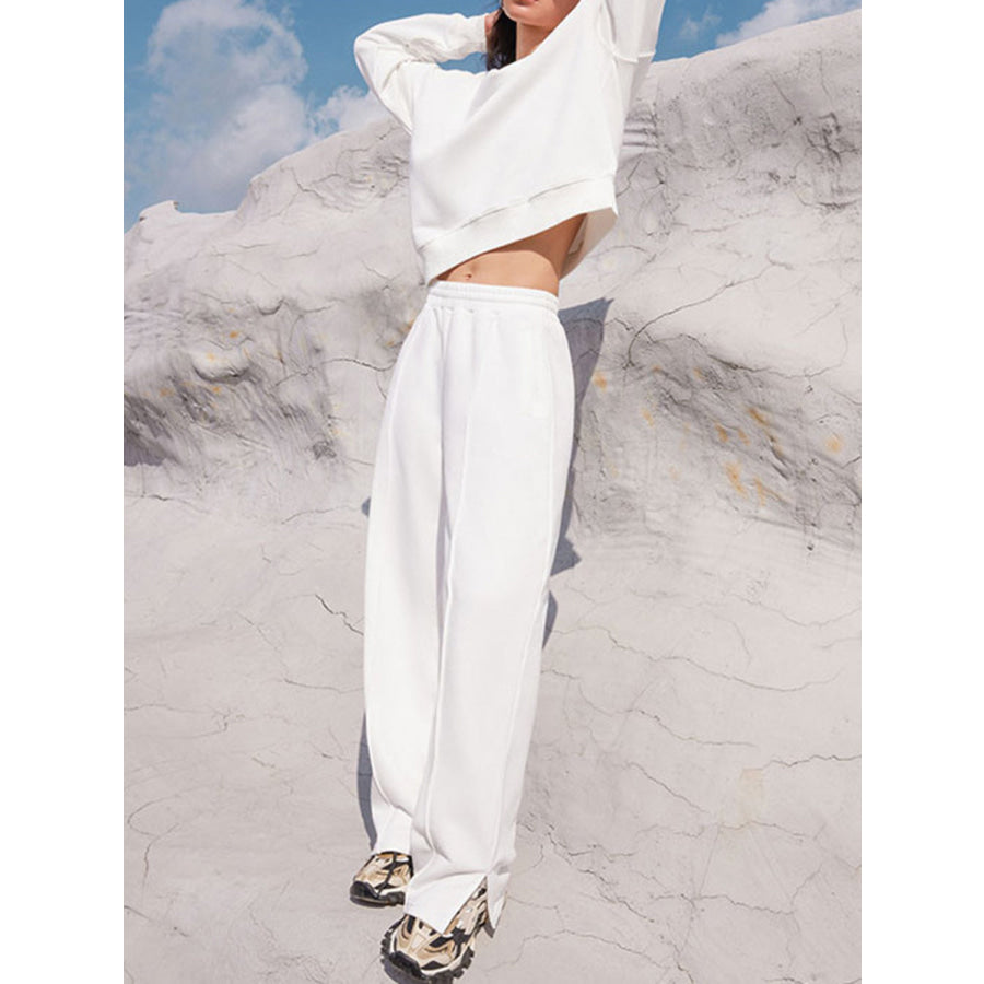 Round Neck Long Sleeve Top and Elastic Waist Pants Set White / S Apparel and Accessories