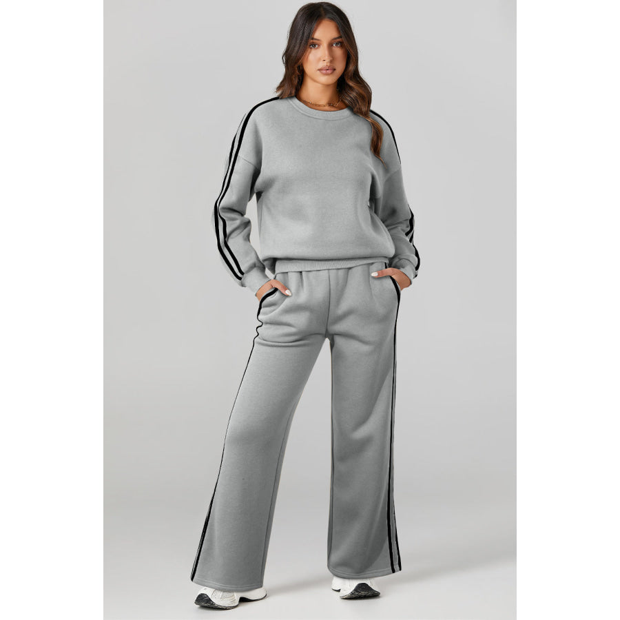 Round Neck Long Sleeve Top and Pants Active Set Gray / S Apparel and Accessories