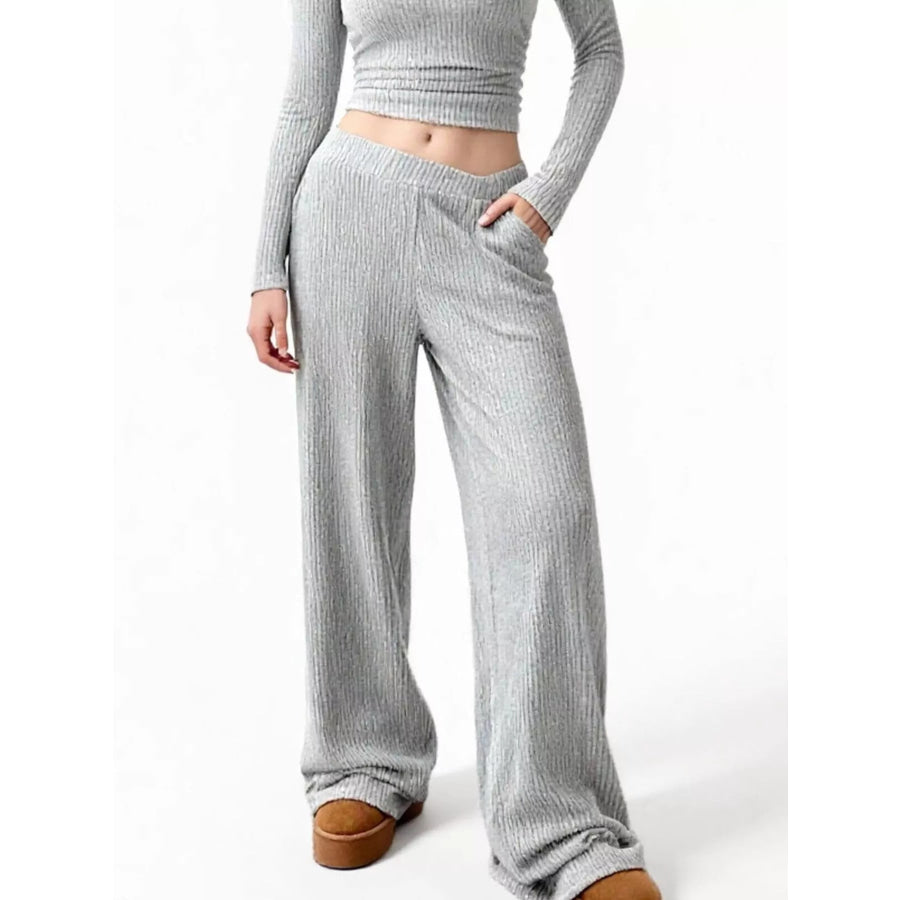 Round Neck Long Sleeve Top and Pants Set Apparel and Accessories