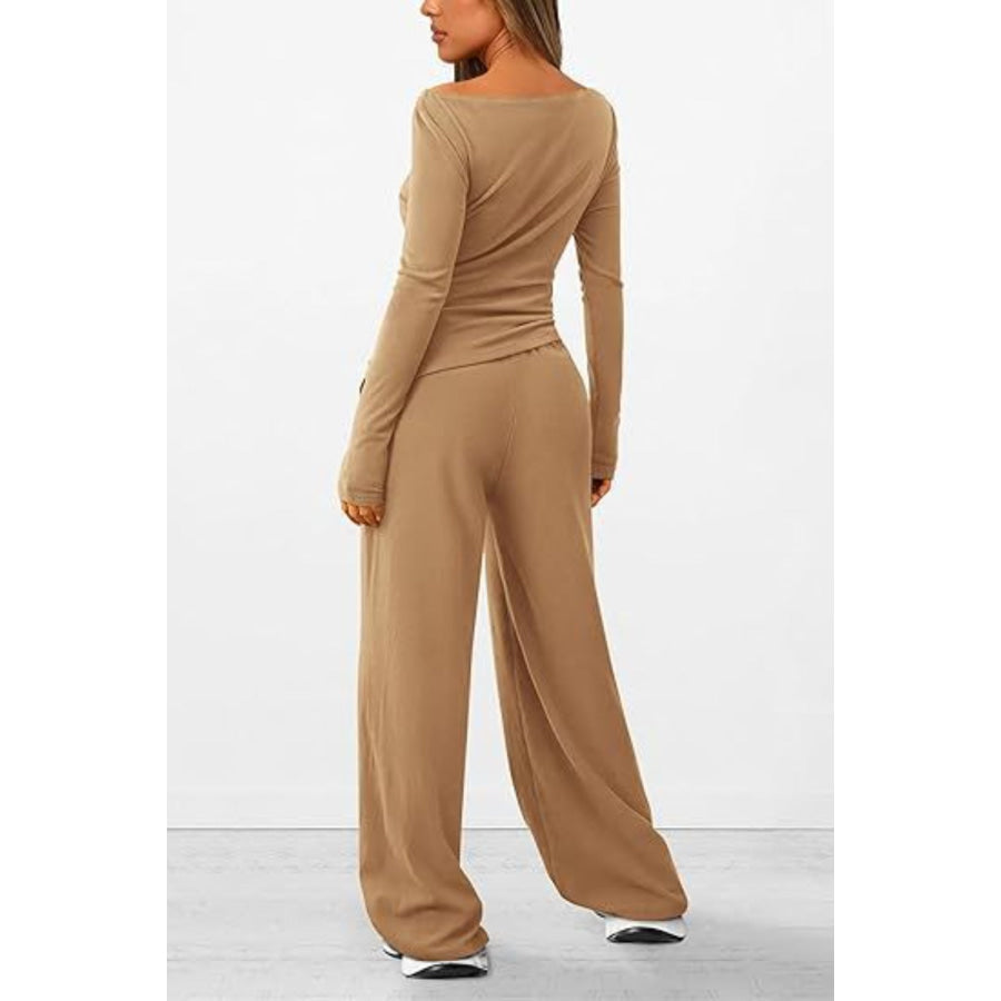 Round Neck Long Sleeve Top and Pants Set Apparel and Accessories