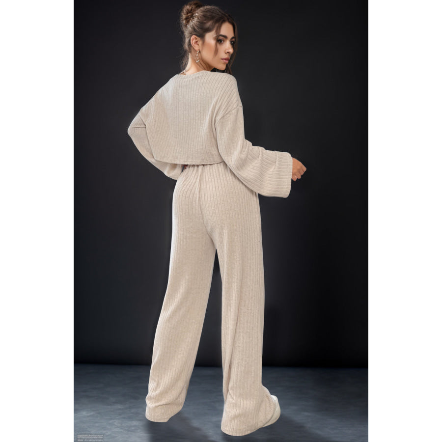 Round Neck Long Sleeve Top and Pants Set Khaki / M Apparel Accessories