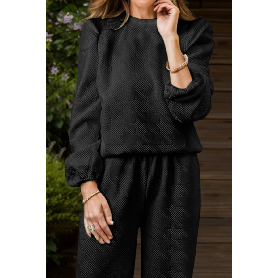 Round Neck Long Sleeve Top and Pants Set Apparel and Accessories