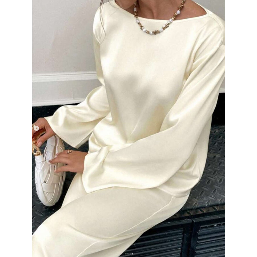 Round Neck Long Sleeve Top and Pants Set Apparel Accessories