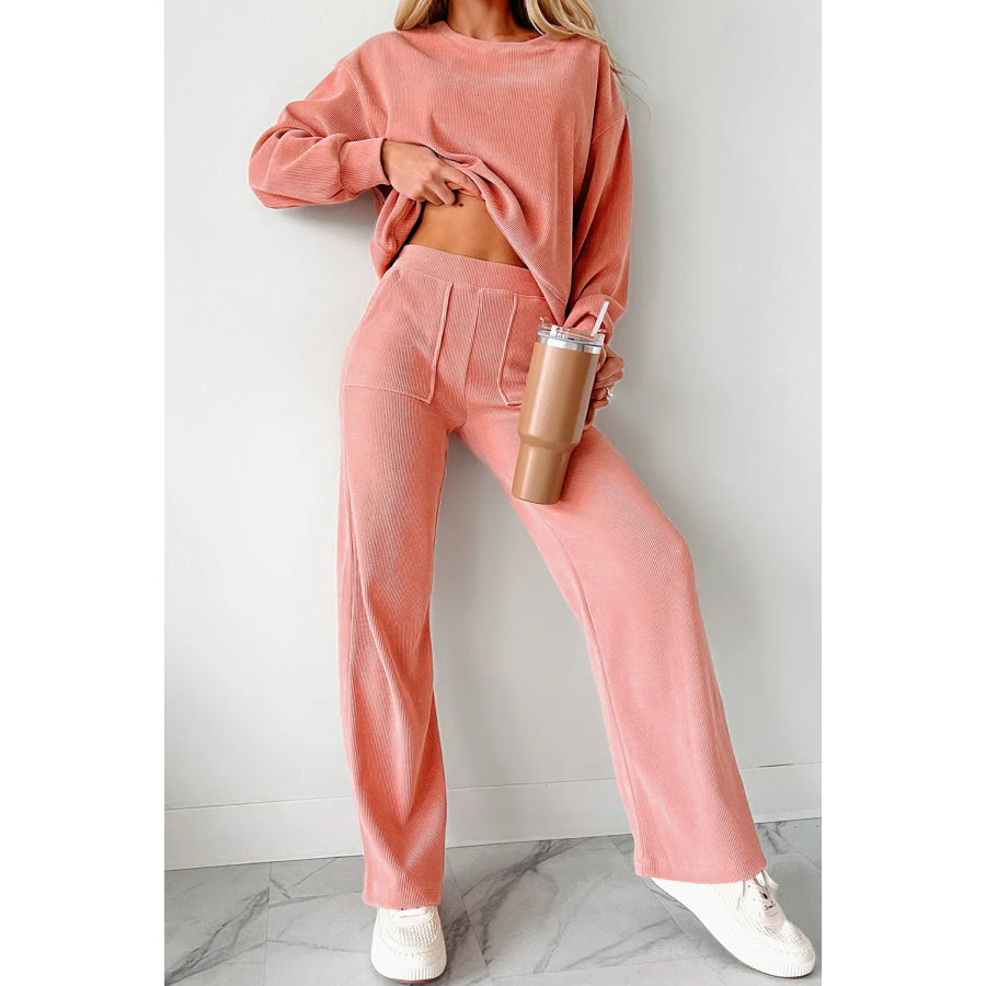 Round Neck Long Sleeve Top and Pants Set Apparel and Accessories