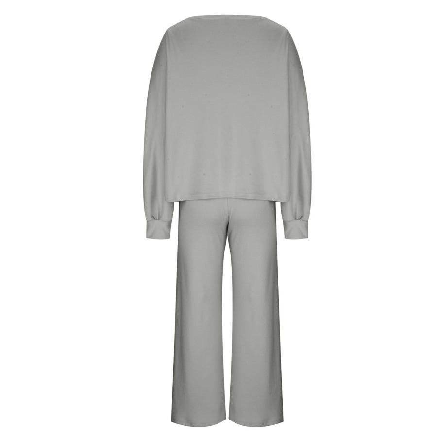 Round Neck Long Sleeve Top and Pants Set Apparel and Accessories