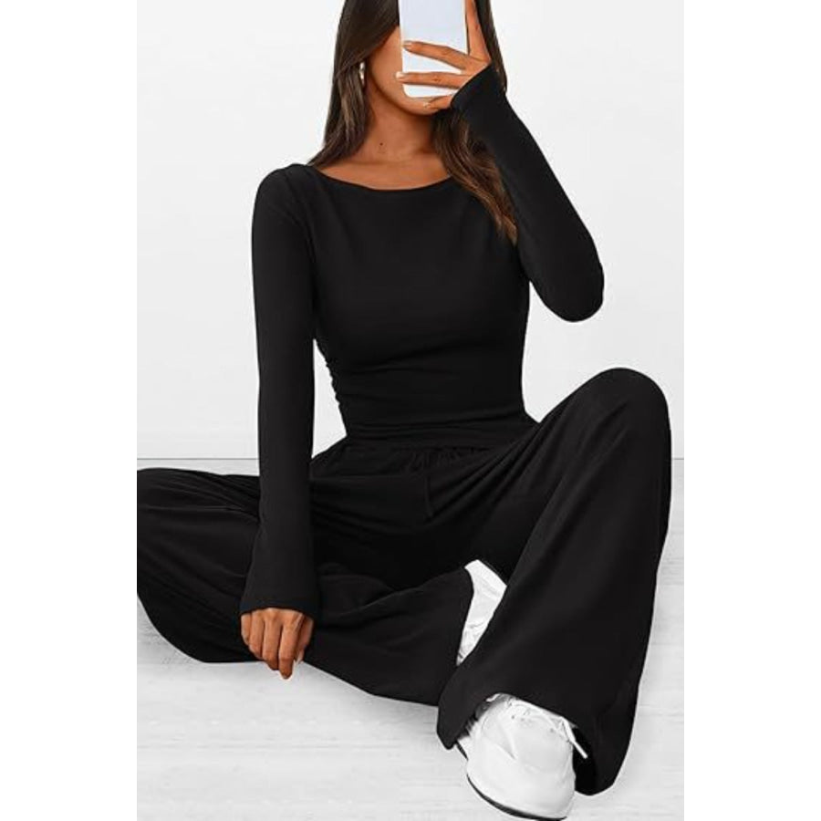 Round Neck Long Sleeve Top and Pants Set Apparel and Accessories