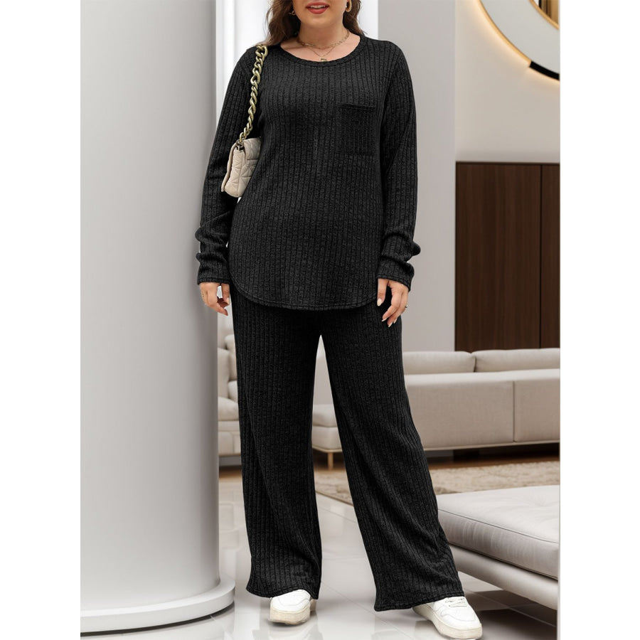 Round Neck Long Sleeve Top and Pants Set Apparel and Accessories