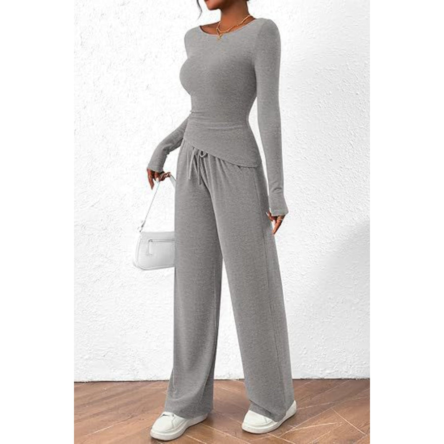 Round Neck Long Sleeve Top and Pants Set Apparel and Accessories