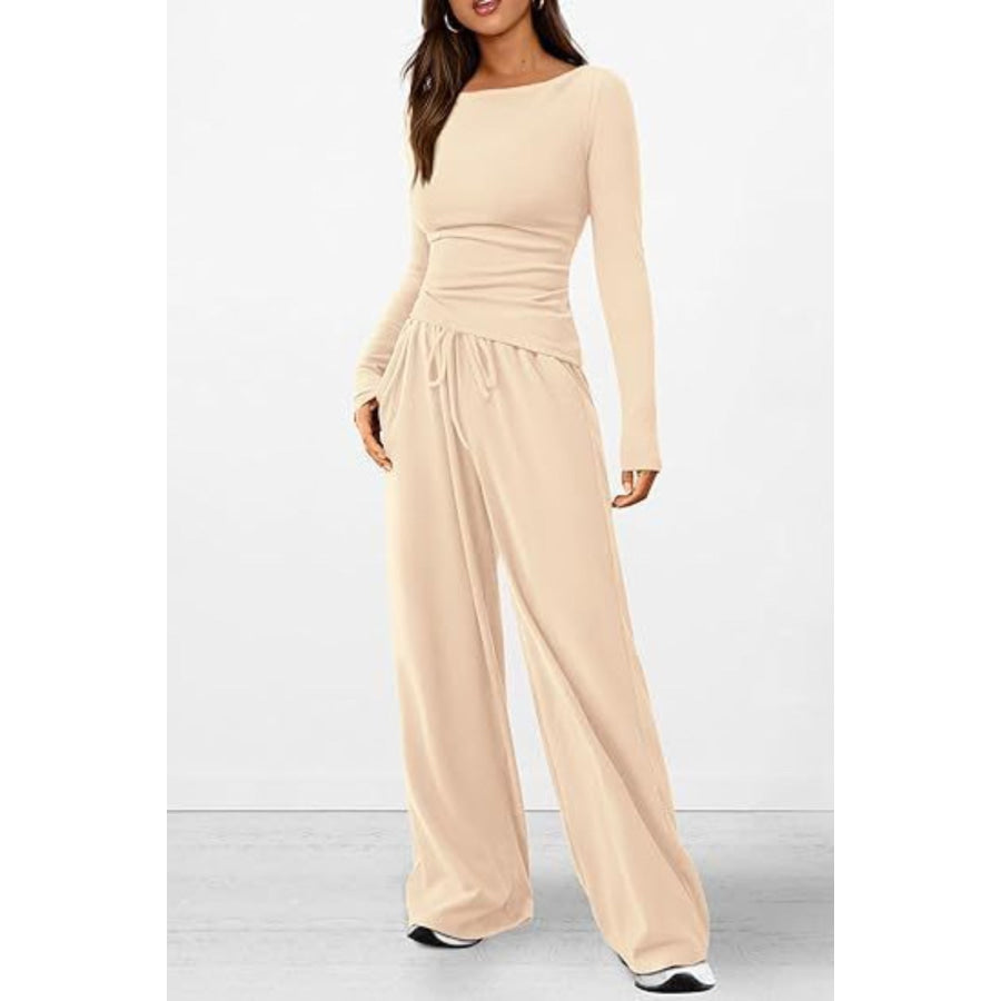 Round Neck Long Sleeve Top and Pants Set Apparel and Accessories