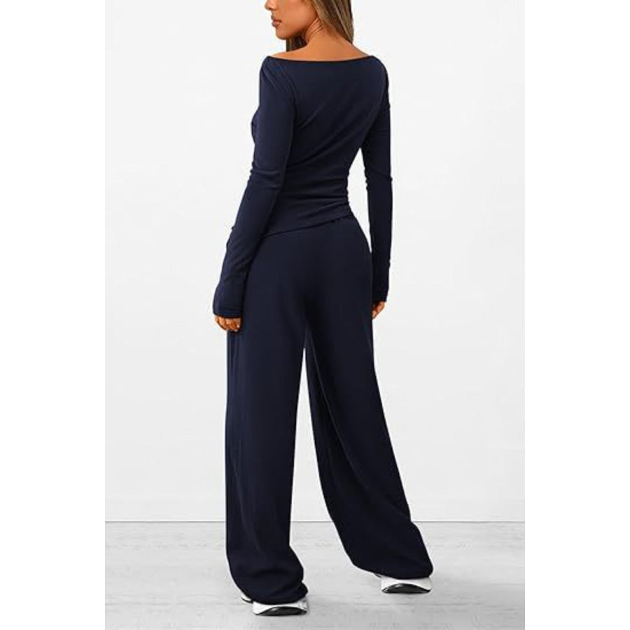 Round Neck Long Sleeve Top and Pants Set Apparel and Accessories