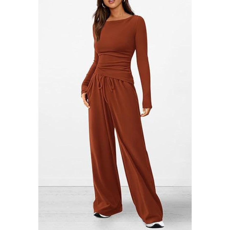 Round Neck Long Sleeve Top and Pants Set Apparel and Accessories