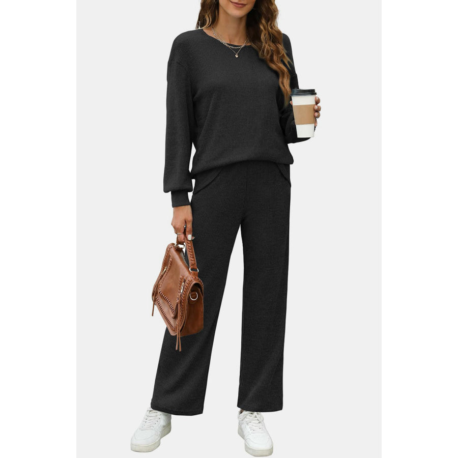 Round Neck Long Sleeve Top and Pants Set Apparel and Accessories