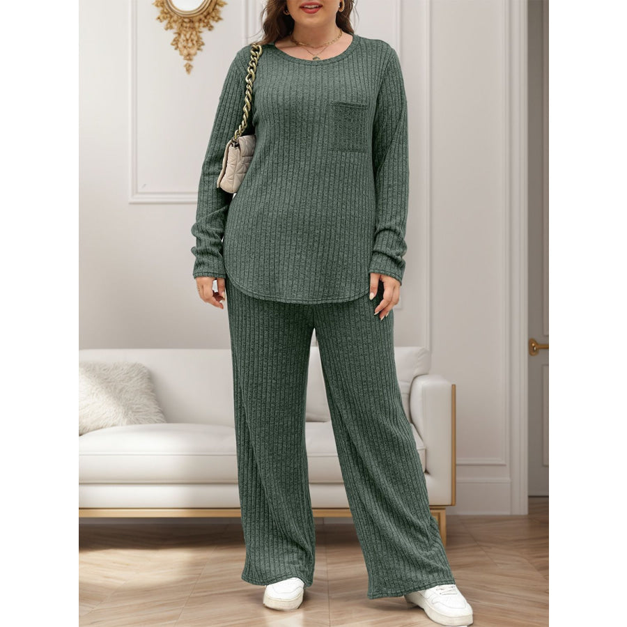 Round Neck Long Sleeve Top and Pants Set Apparel and Accessories