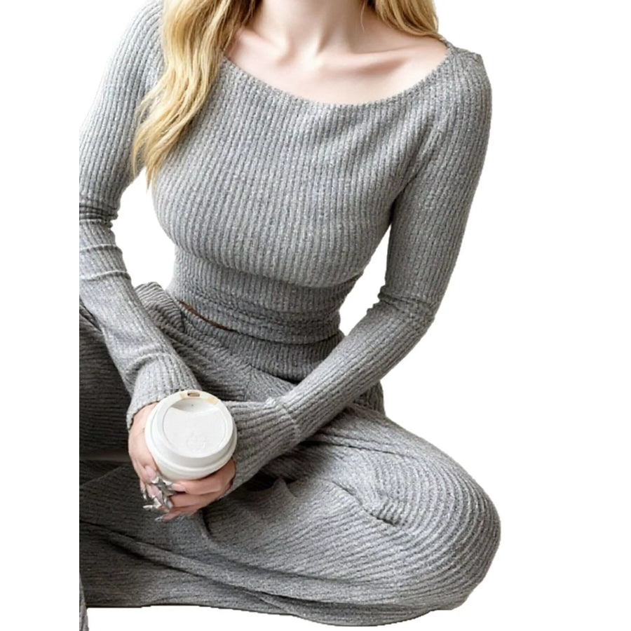 Round Neck Long Sleeve Top and Pants Set Apparel and Accessories
